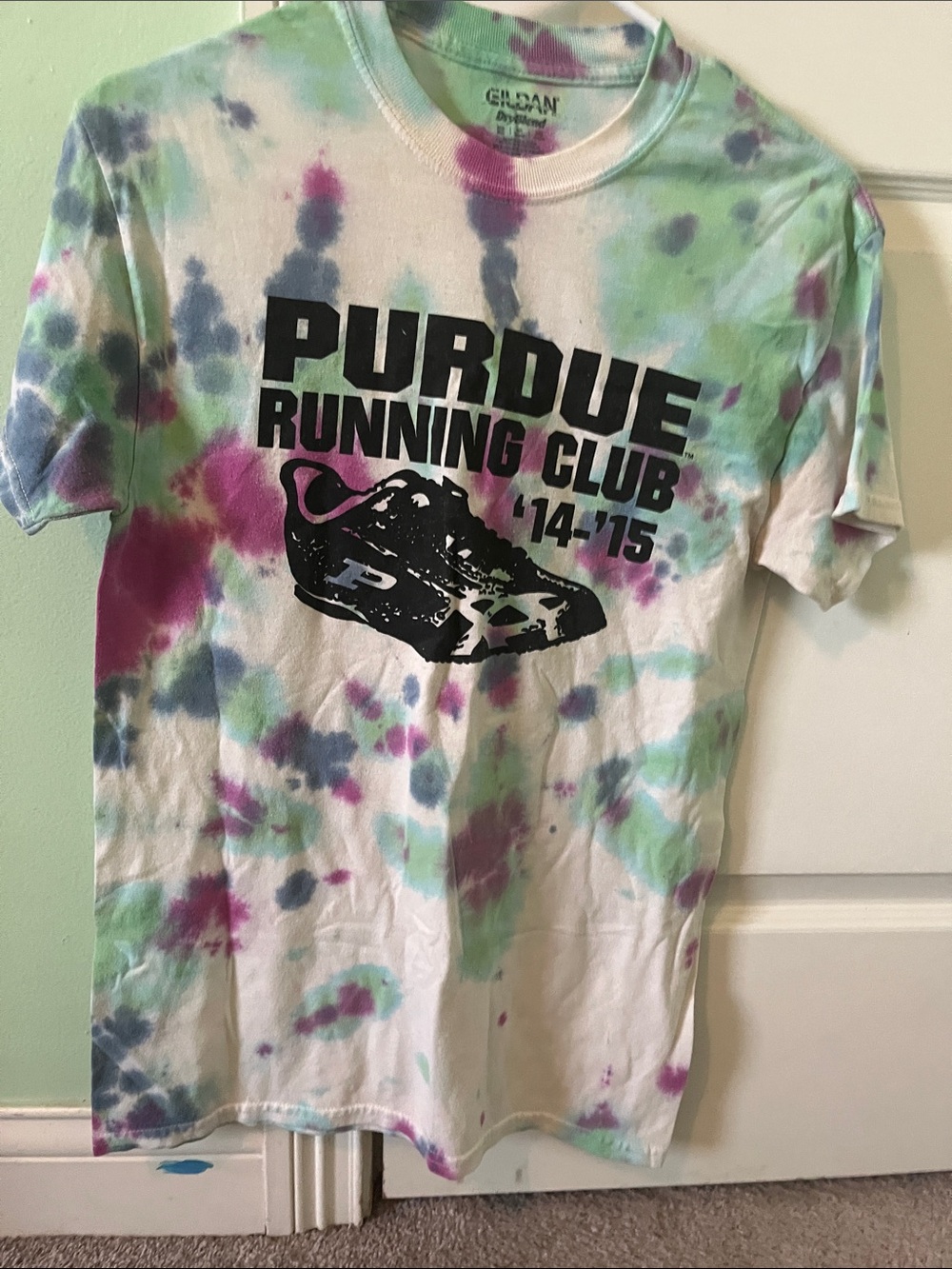 Gildan Tie-Dye Purdue Running Club Tee - Purple, Green, Blue women size small